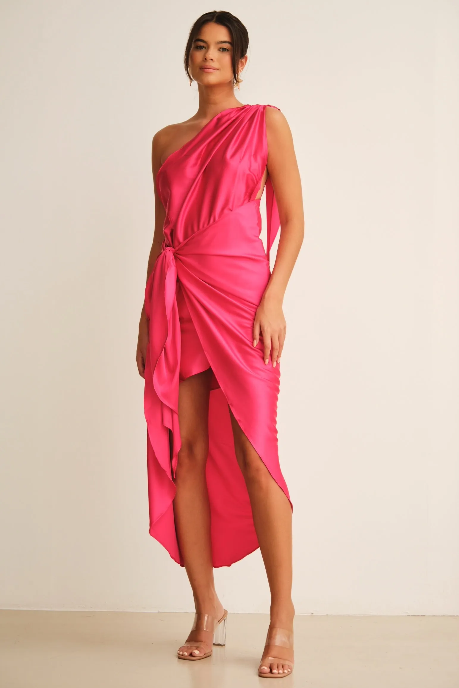 Carla One Shoulder Midi  Dress Fuchsia