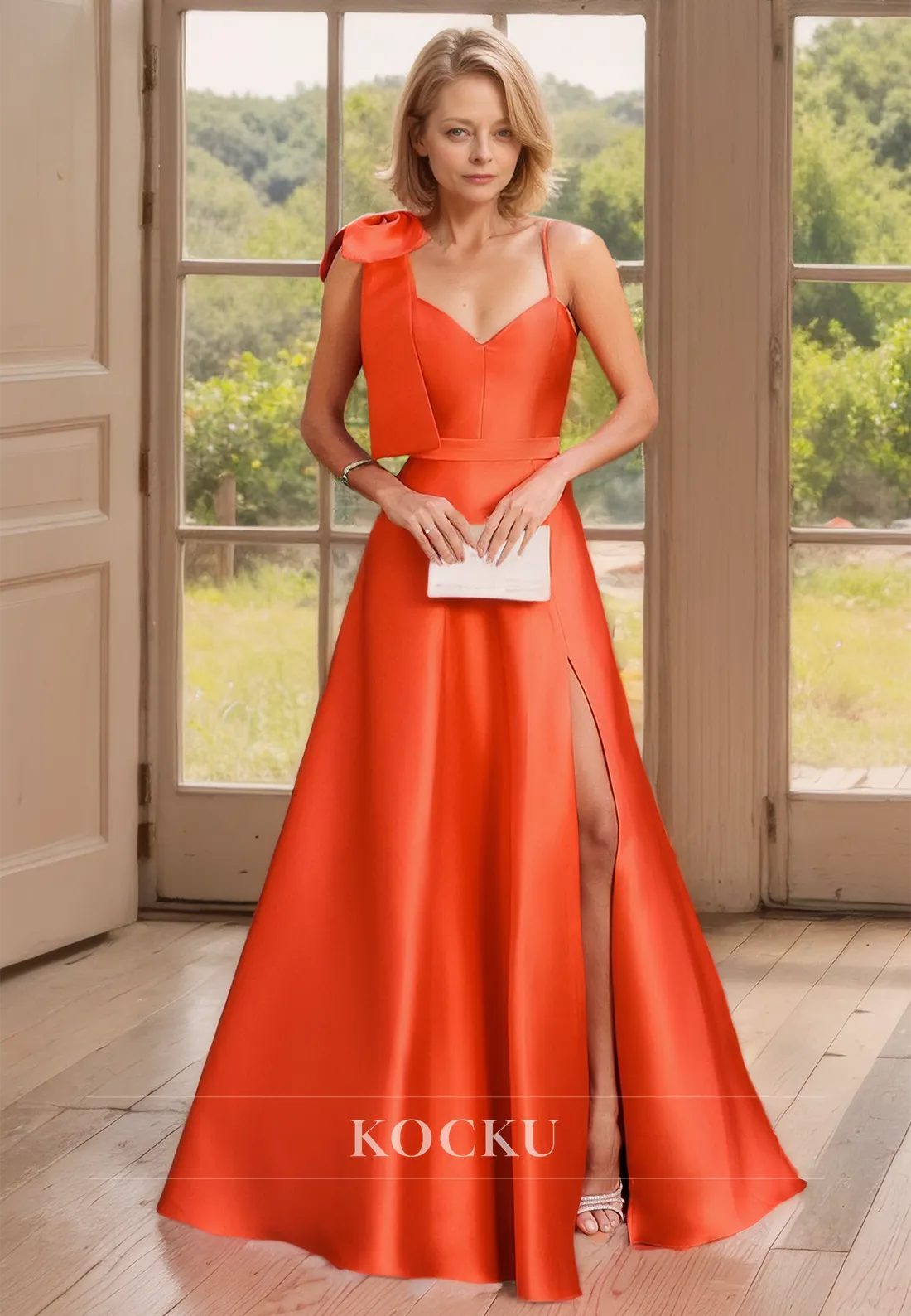 Chic & Modern Sweetheart A-Line Spaghetti Straps Floor-Length Satin Mother of Bride Dress with Bow