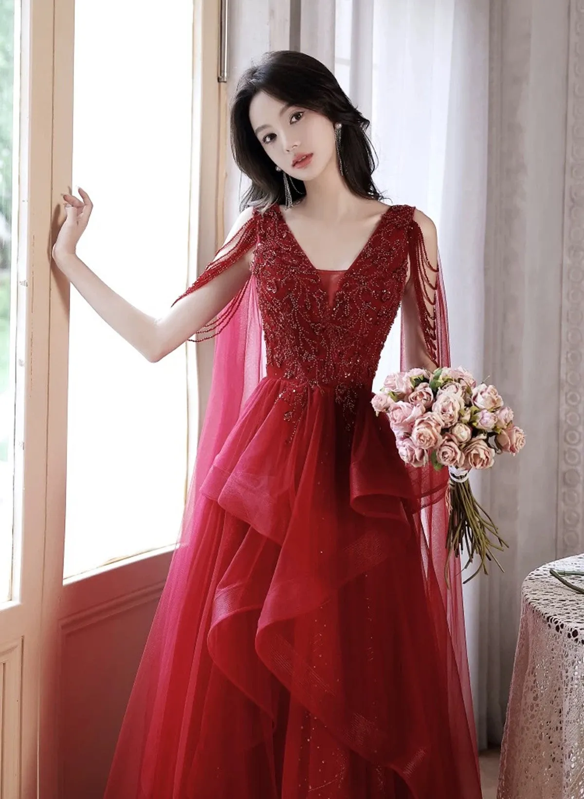 Chic V-neckline Tulle Floor Length Party Dress, Wine Red Tulle Prom Dress