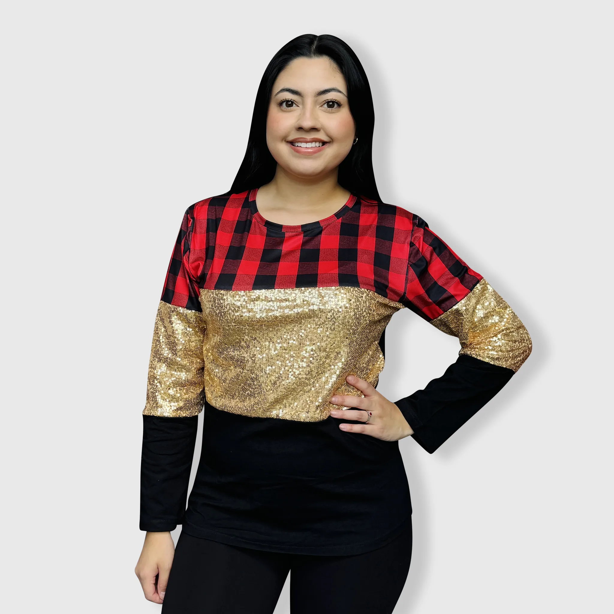 Color Block Red Plaid Gold Sequin Top