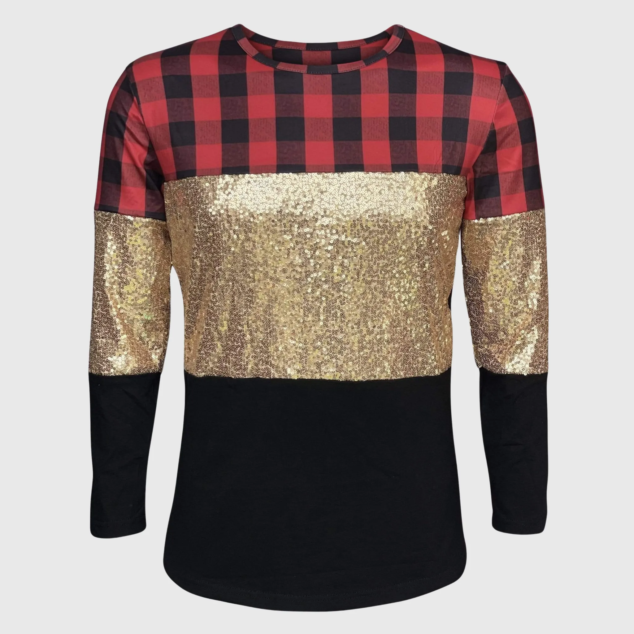 Color Block Red Plaid Gold Sequin Top