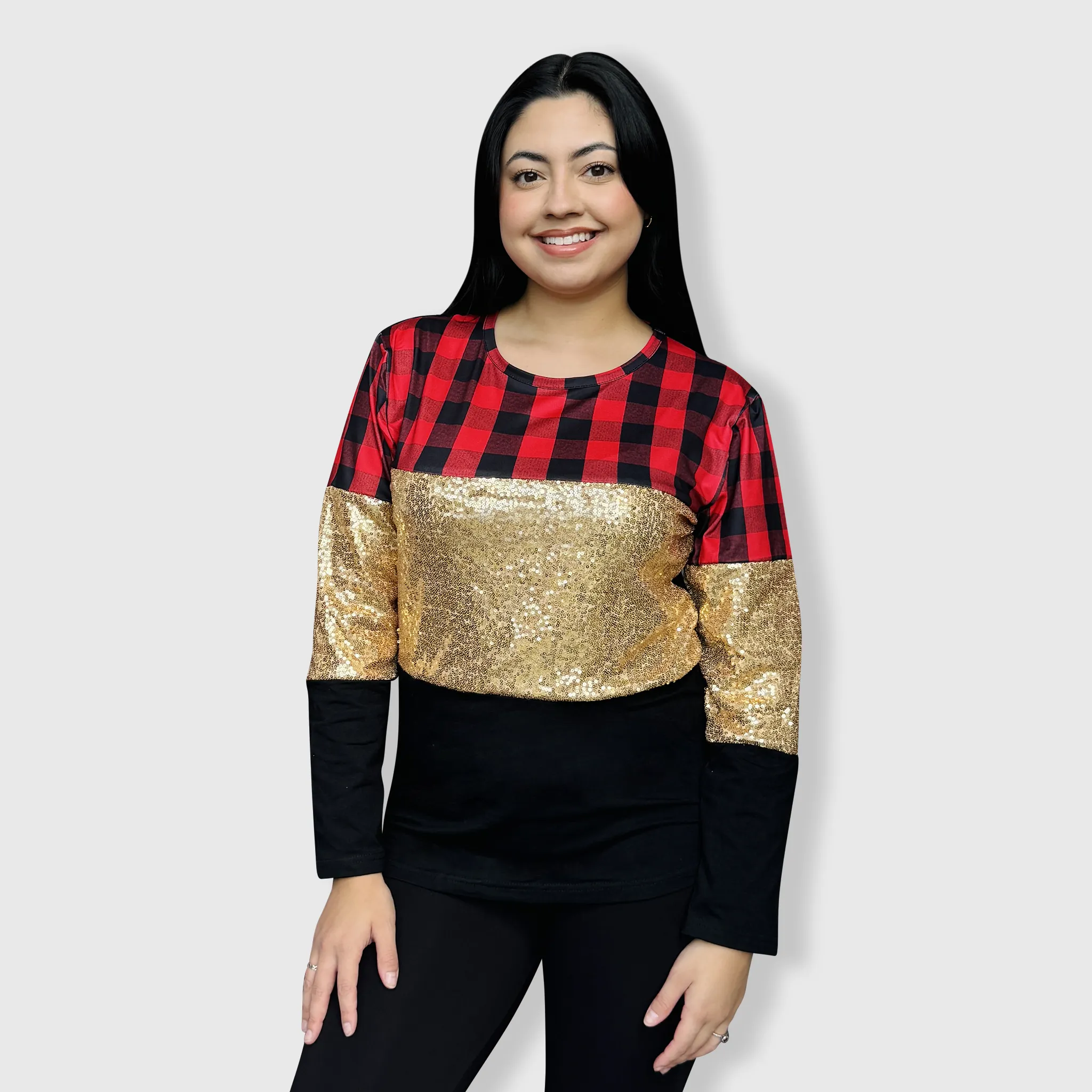 Color Block Red Plaid Gold Sequin Top