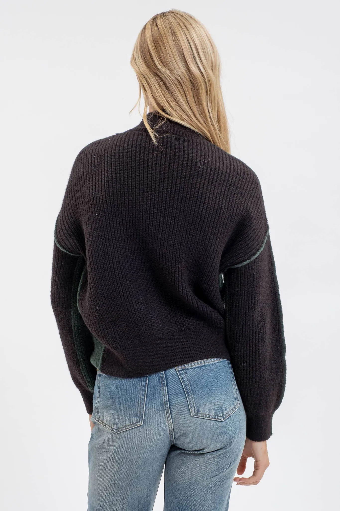 COLORBLOCK MOCK NECK EXPOSED SEAM KNIT SWEATER