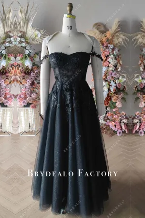 Custom Black Lace Glitter Slim A-line Floor Length Wedding Dress