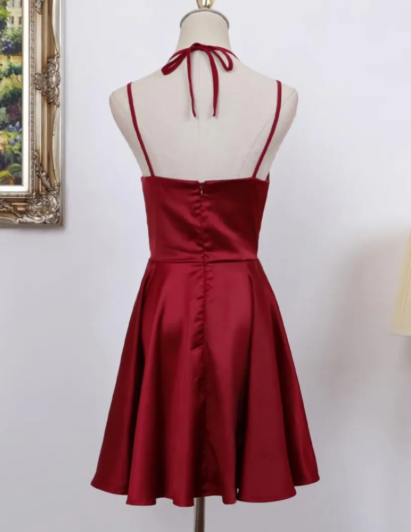 Cute Straps Dark Red Mini Party Dress, Dark Red Short Homecoming Dress