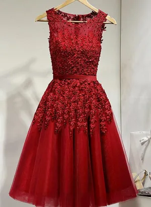 Dark Red Tulle Knee Length Party Dress, Wine Red Homecoming Dress