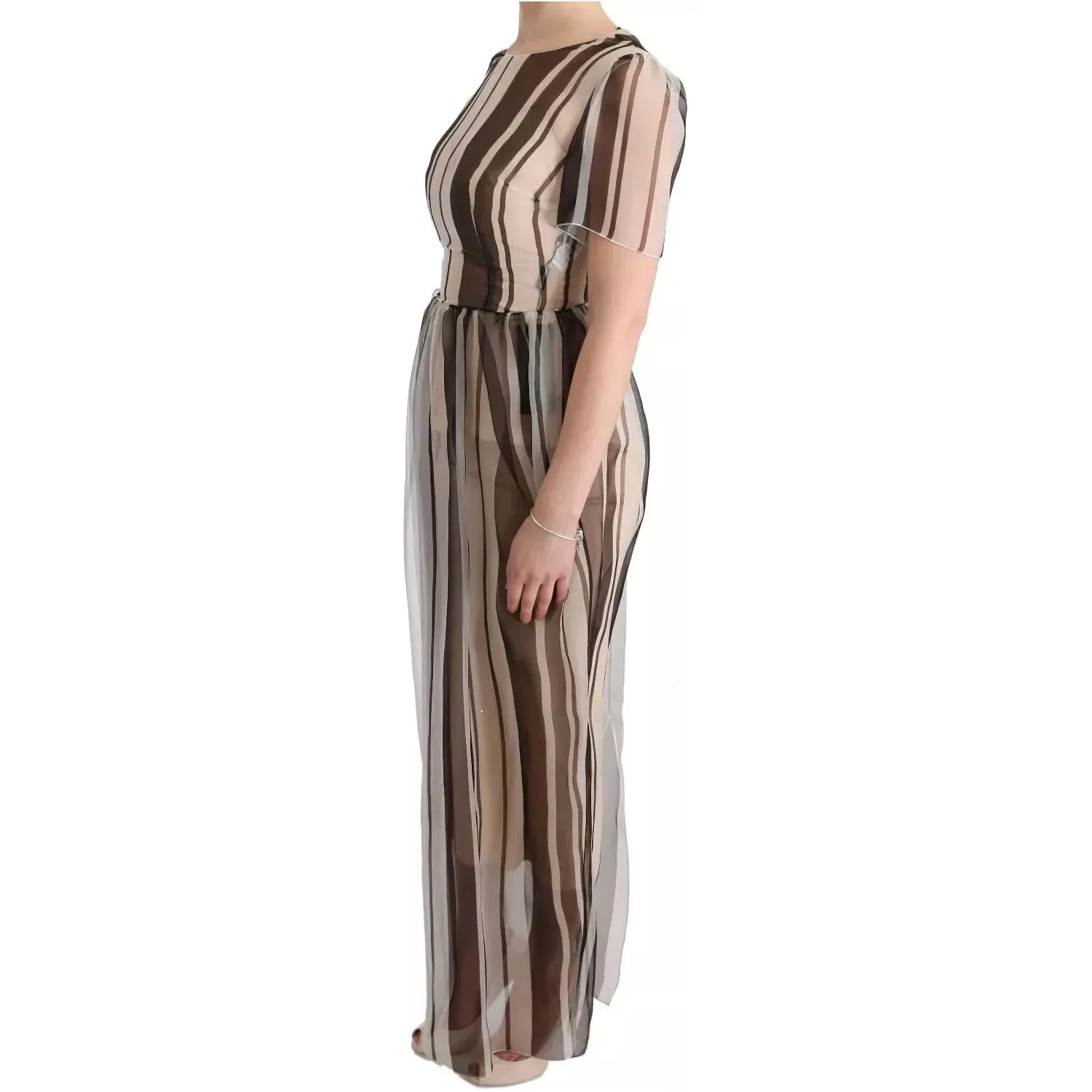 Dolce & Gabbana Beige Brown Striped Silk Sheath Dress