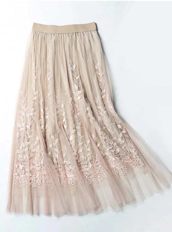 Embroidery A-Line Tutu Lace Mesh Skirt