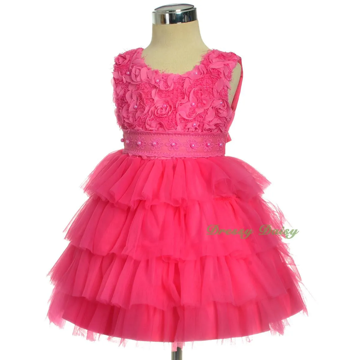 FG322 Tiered Tulle Pearl Party Pageant Wedding Flower Girl Dress Up Size 12 Months - 4