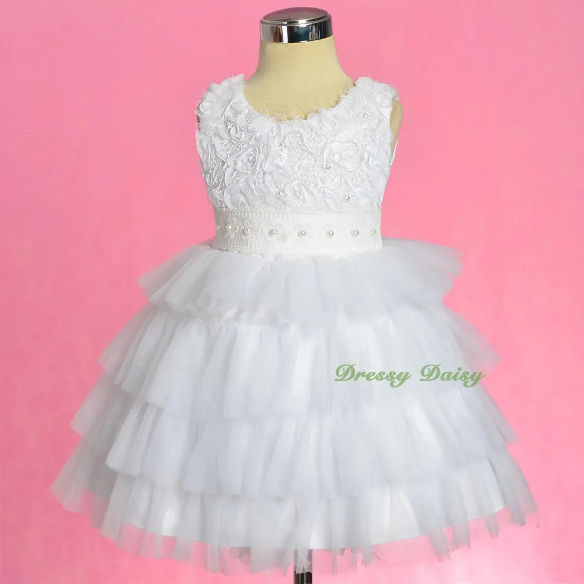 FG322 Tiered Tulle Pearl Party Pageant Wedding Flower Girl Dress Up Size 12 Months - 4