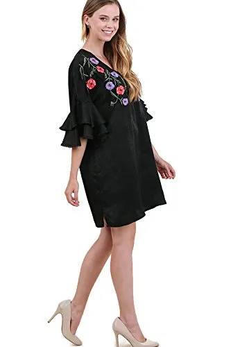 Floral Embroidered & Layered Sleeve Dress, Black