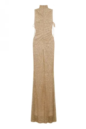 Gigi Gold & Nude High Neck Tie Side Shimmer Sparkle Maxi Dress