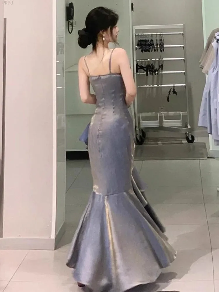 Girlary Vintage Evening Party Fishtail Strap Dress Women Off Shoulder France Elegant Long Dress Female Korea Ball Gown Flower Dress 2024