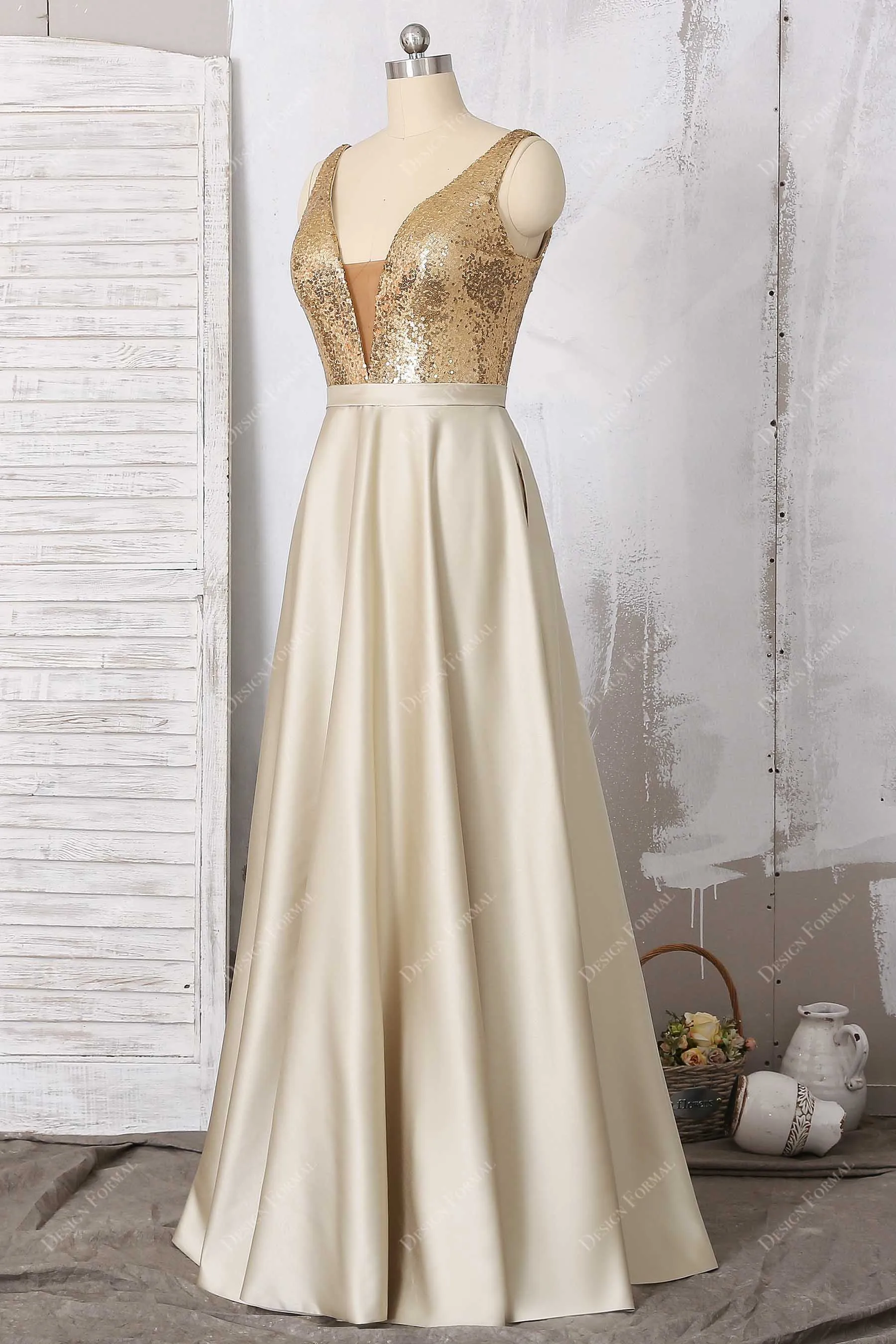 Gold Sequin Champagne Satin Plunging Neck Long A-line Dress