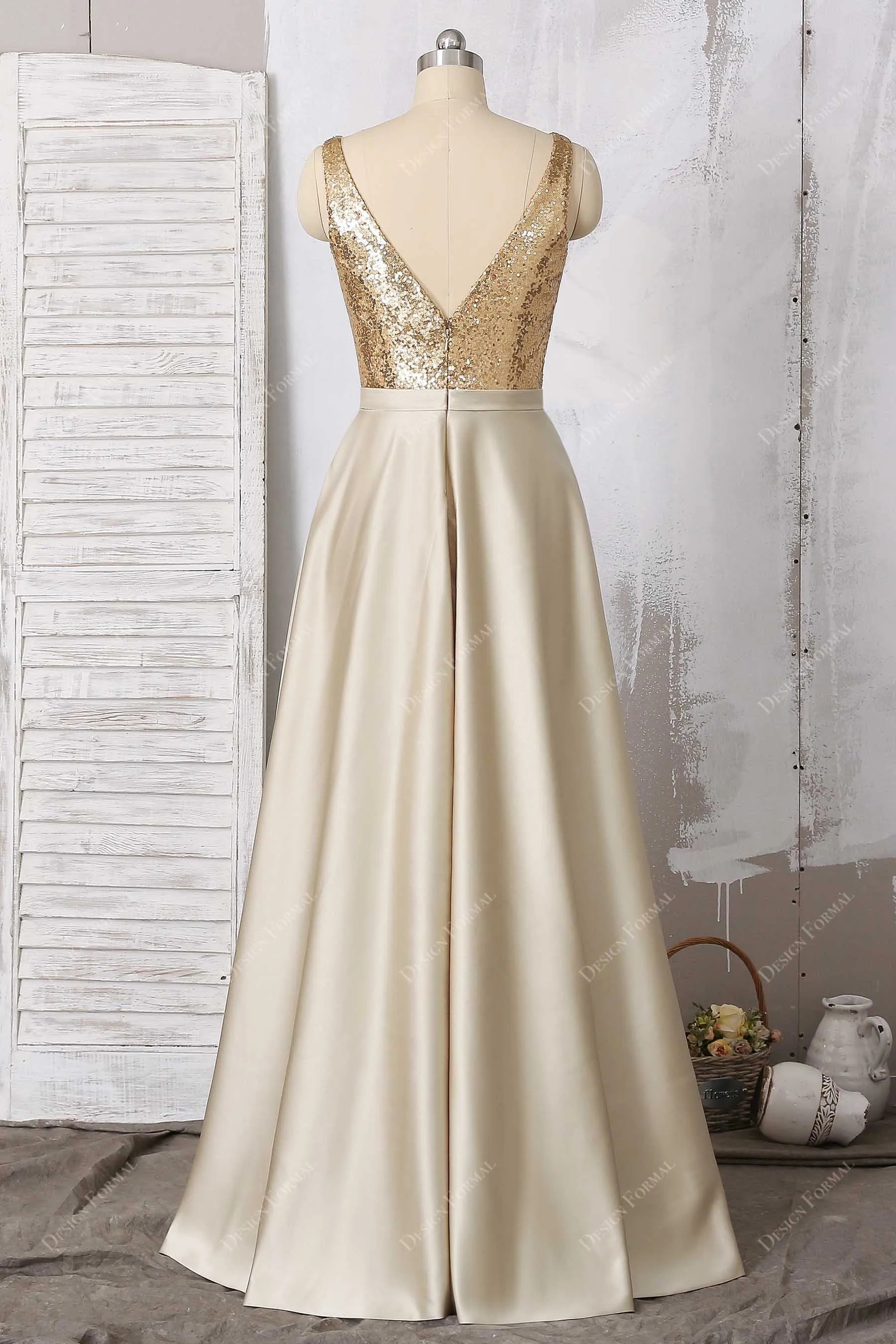 Gold Sequin Champagne Satin Plunging Neck Long A-line Dress