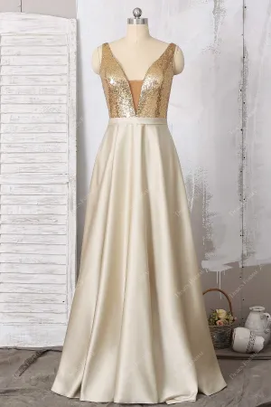 Gold Sequin Champagne Satin Plunging Neck Long A-line Dress