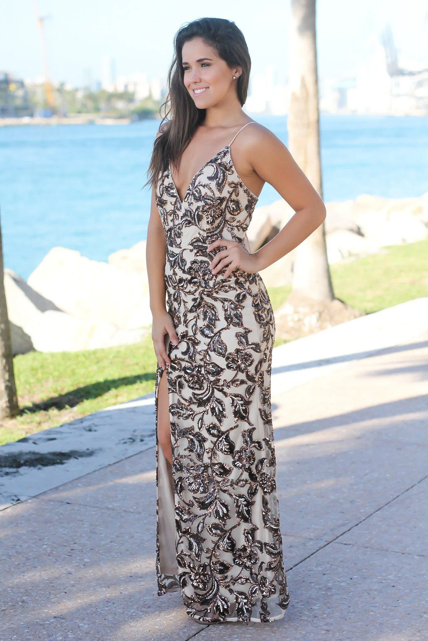 Gold Sequin Maxi Dress with Lace Up Back