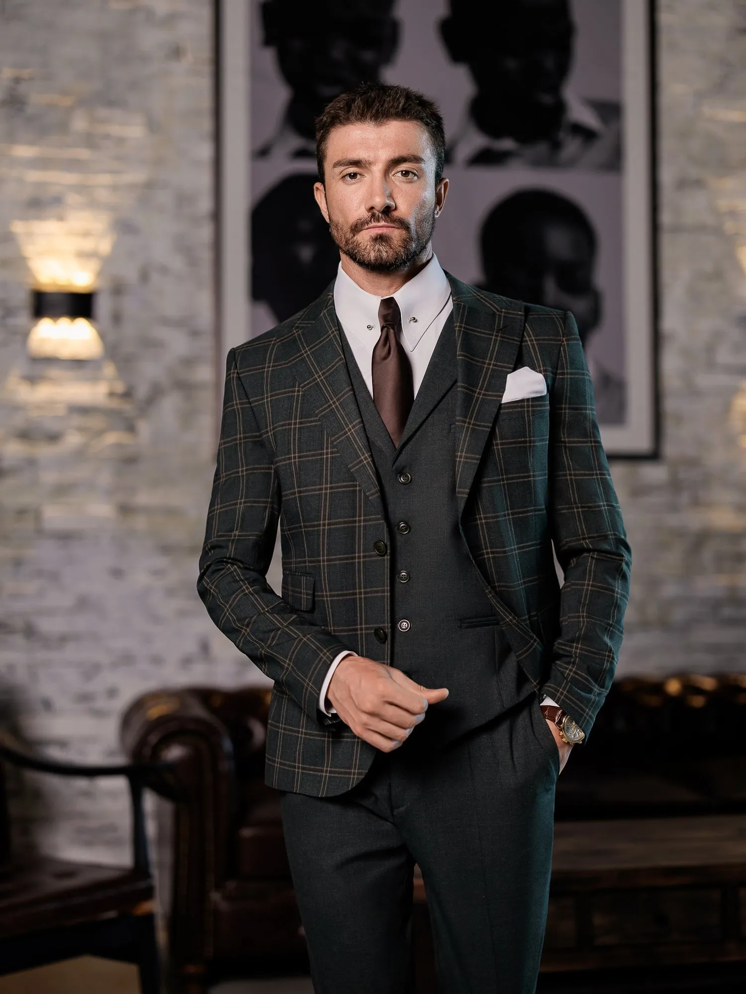 Green Plaid Slim-Fit Suit 3-Piece