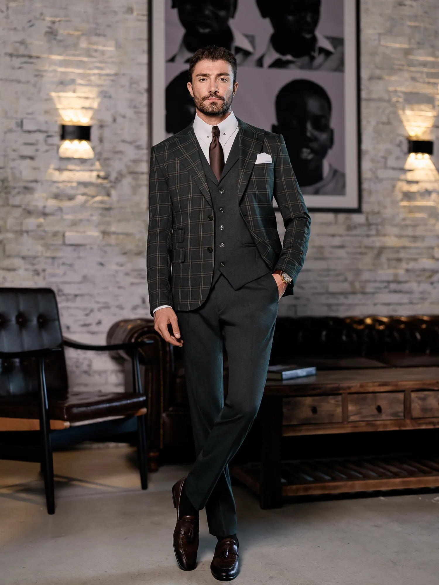 Green Plaid Slim-Fit Suit 3-Piece