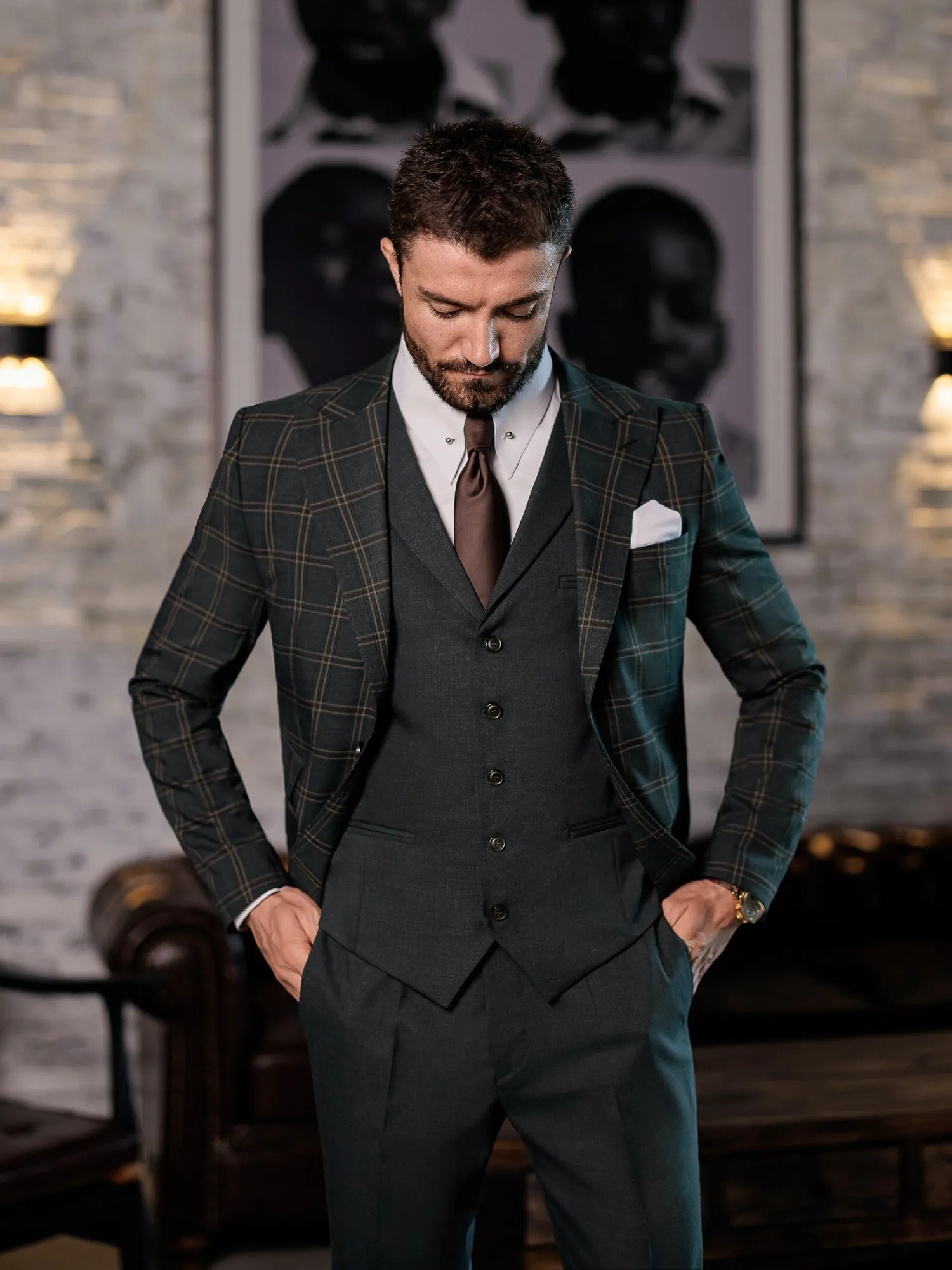 Green Plaid Slim-Fit Suit 3-Piece