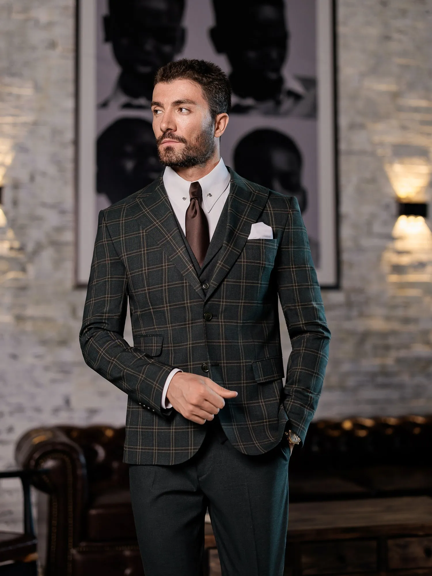 Green Plaid Slim-Fit Suit 3-Piece