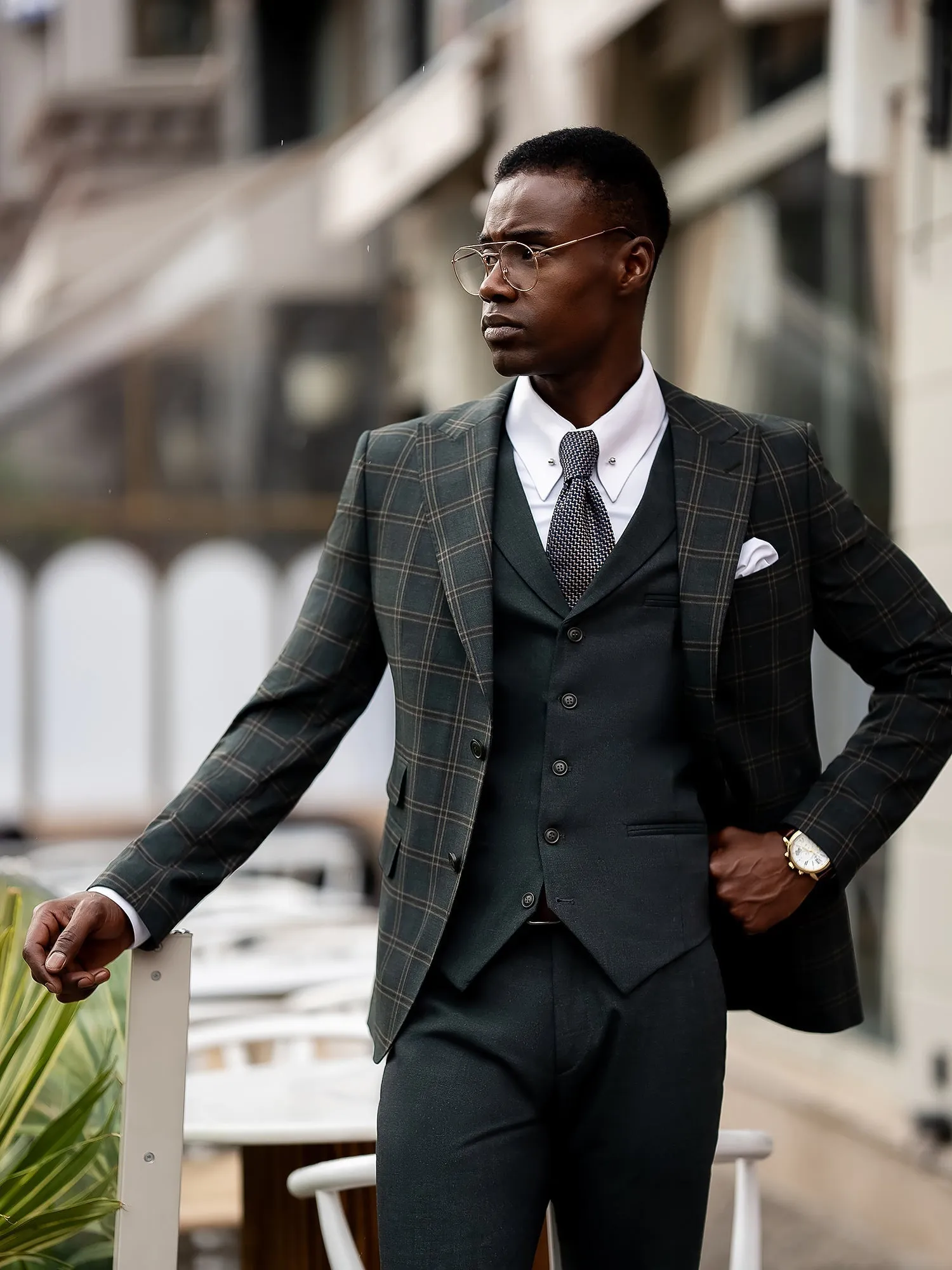 Green Plaid Slim-Fit Suit 3-Piece