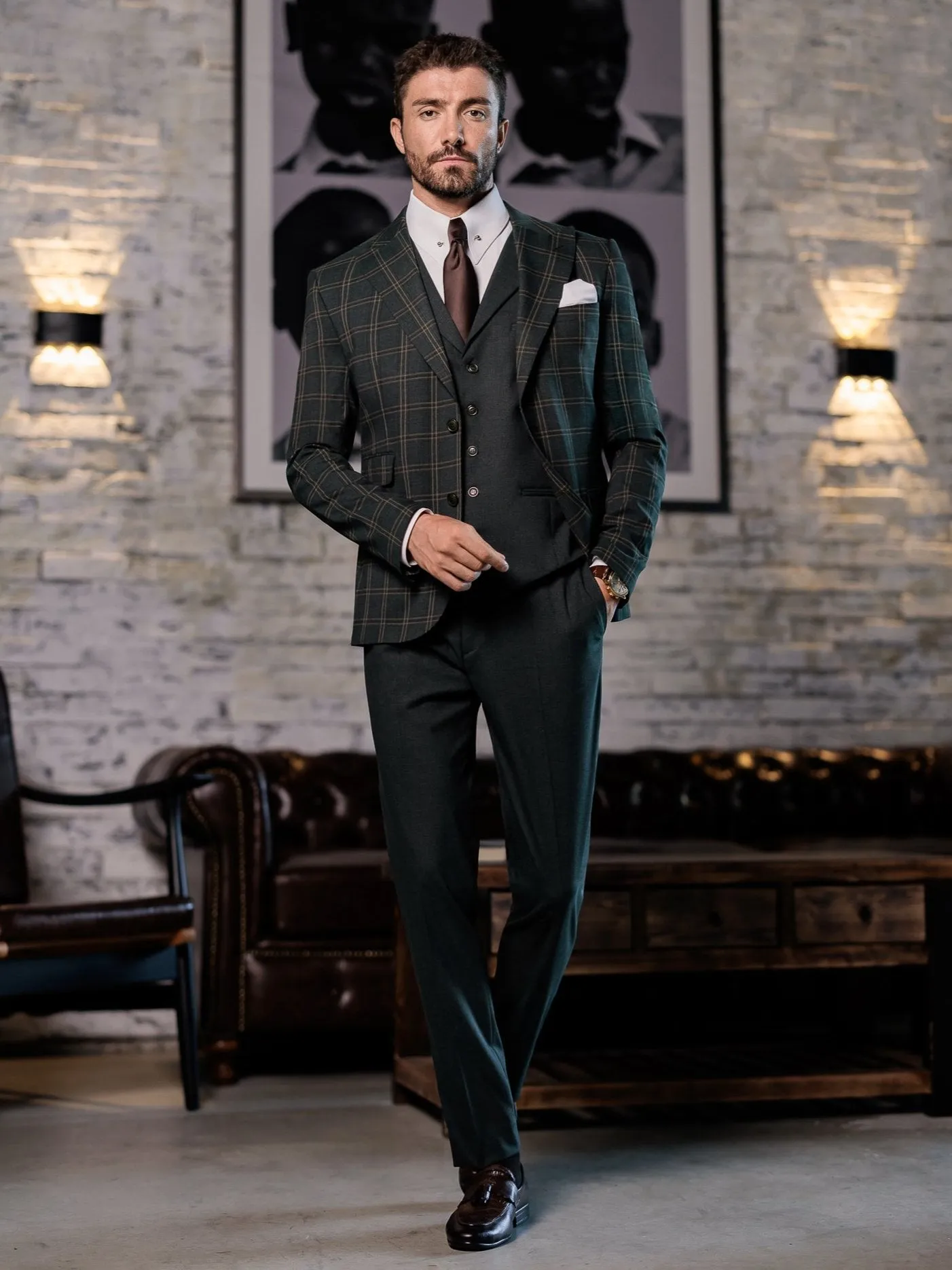 Green Plaid Slim-Fit Suit 3-Piece