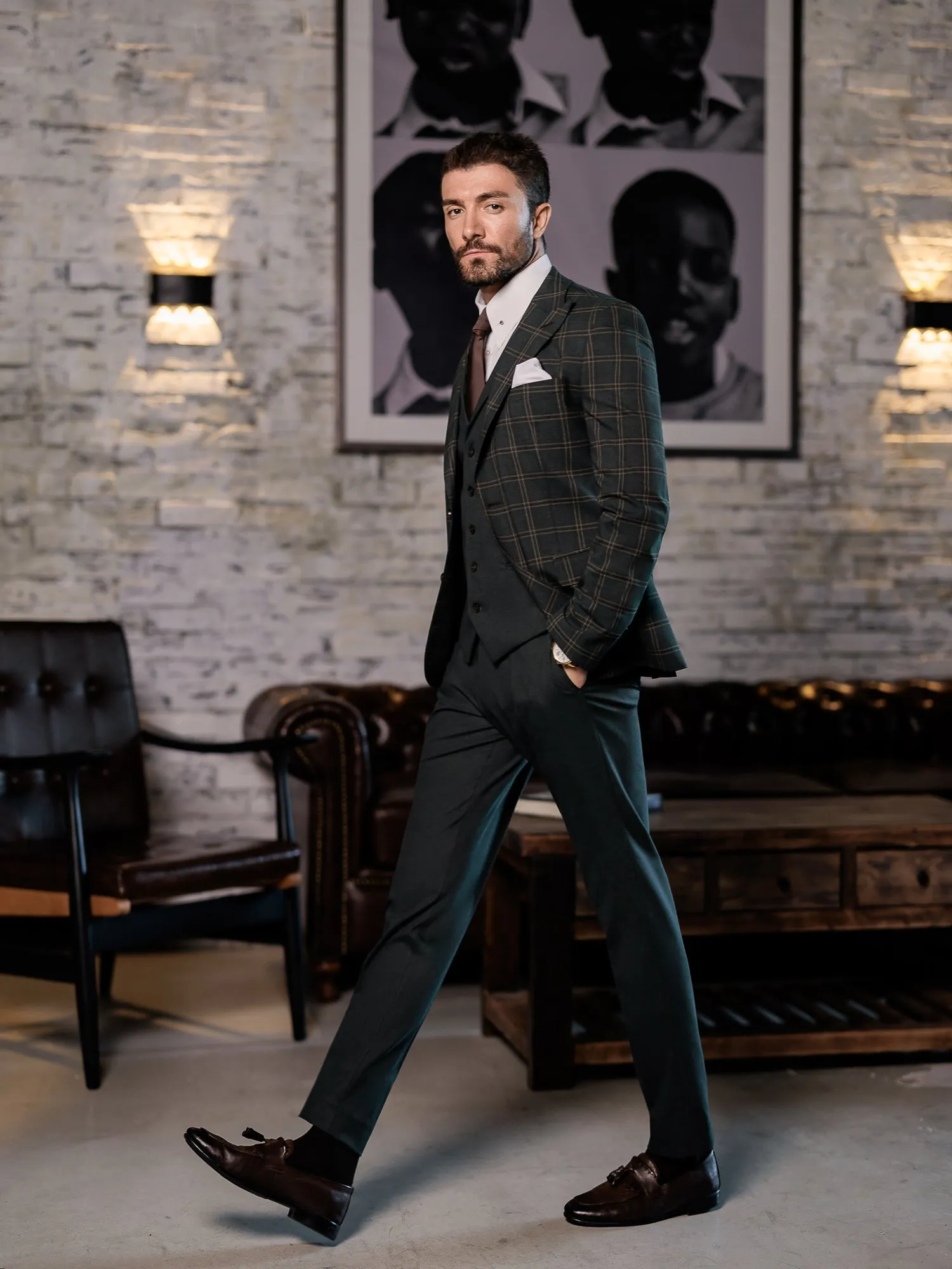 Green Plaid Slim-Fit Suit 3-Piece