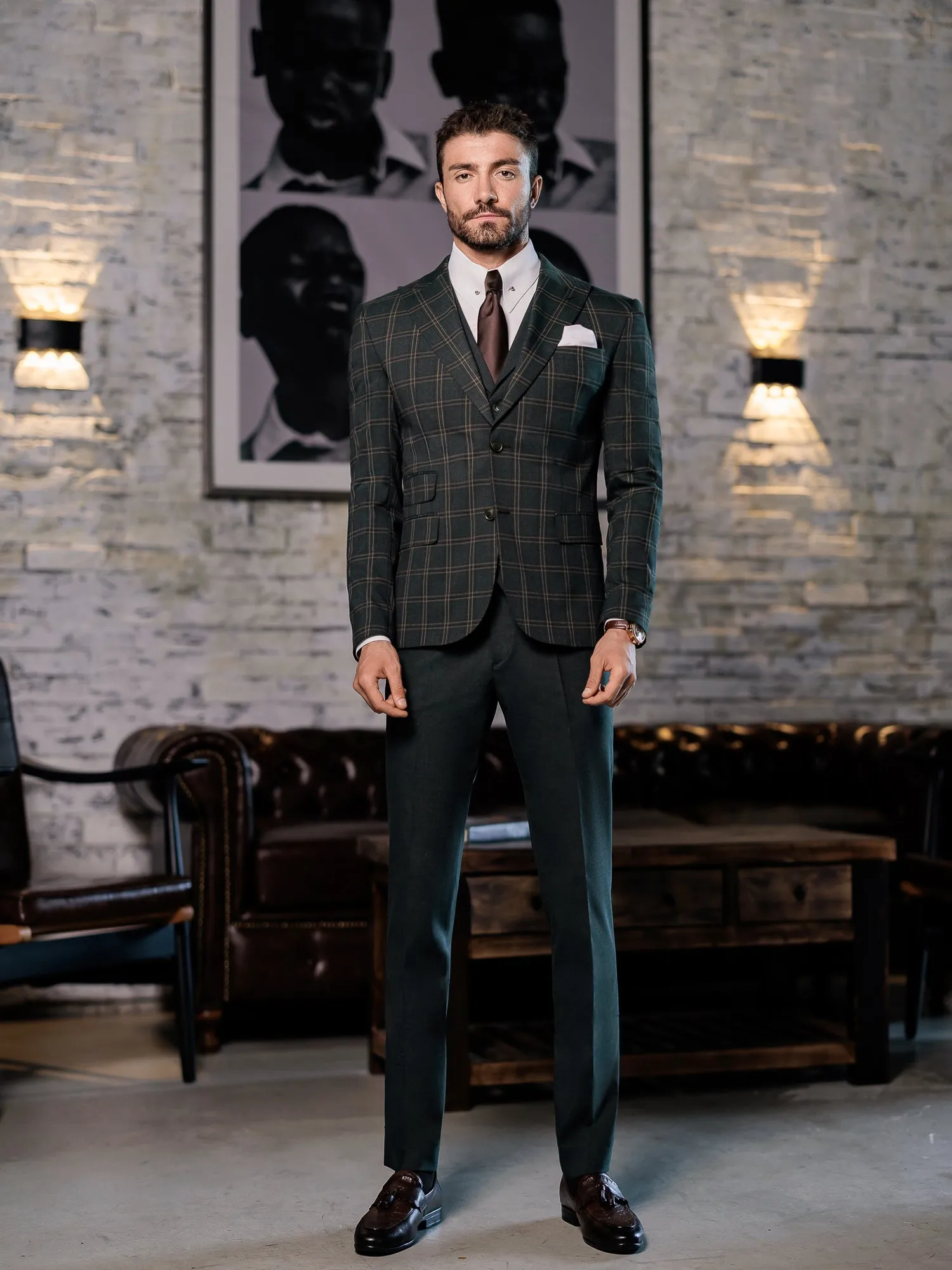 Green Plaid Slim-Fit Suit 3-Piece