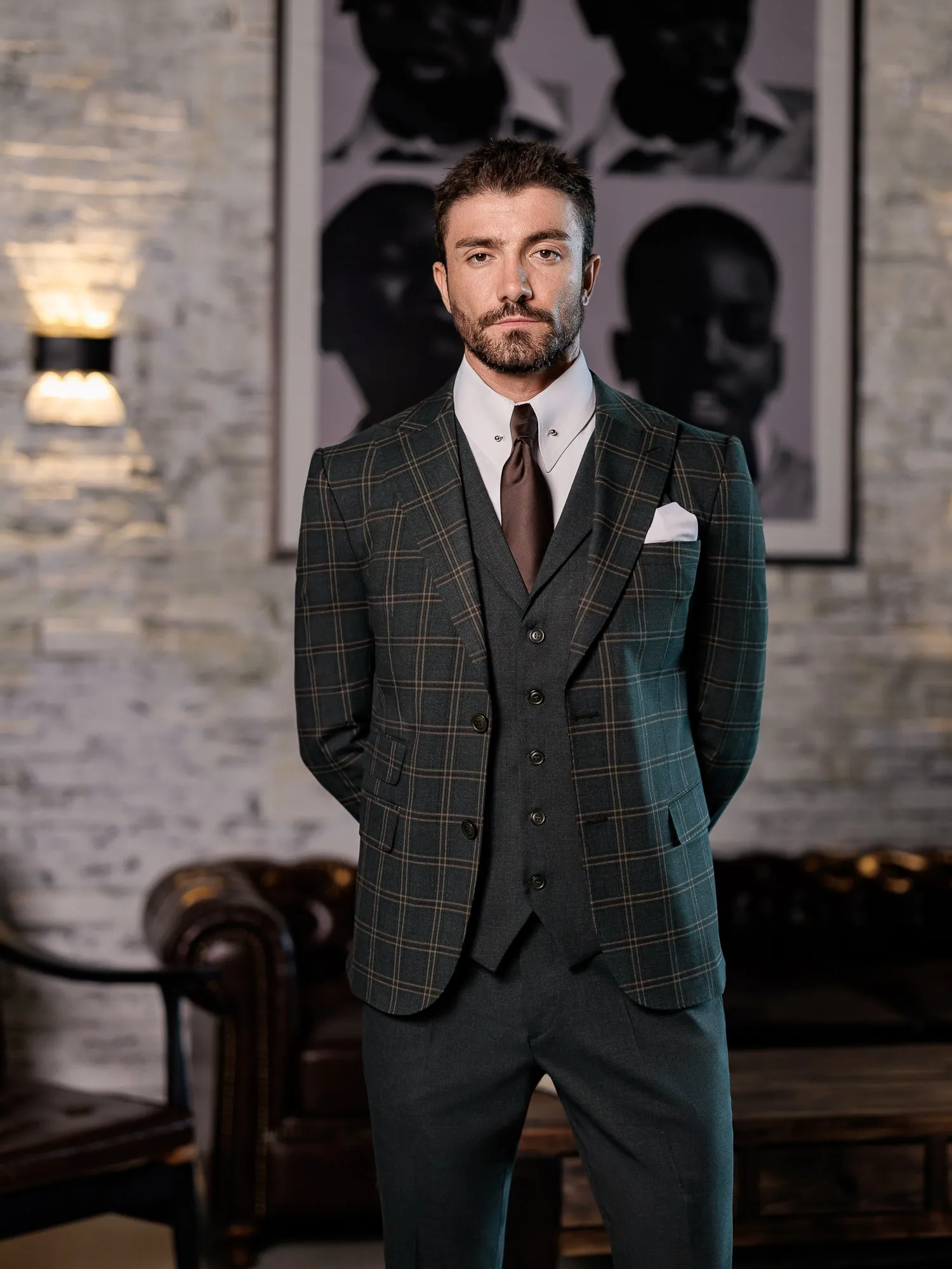 Green Plaid Slim-Fit Suit 3-Piece