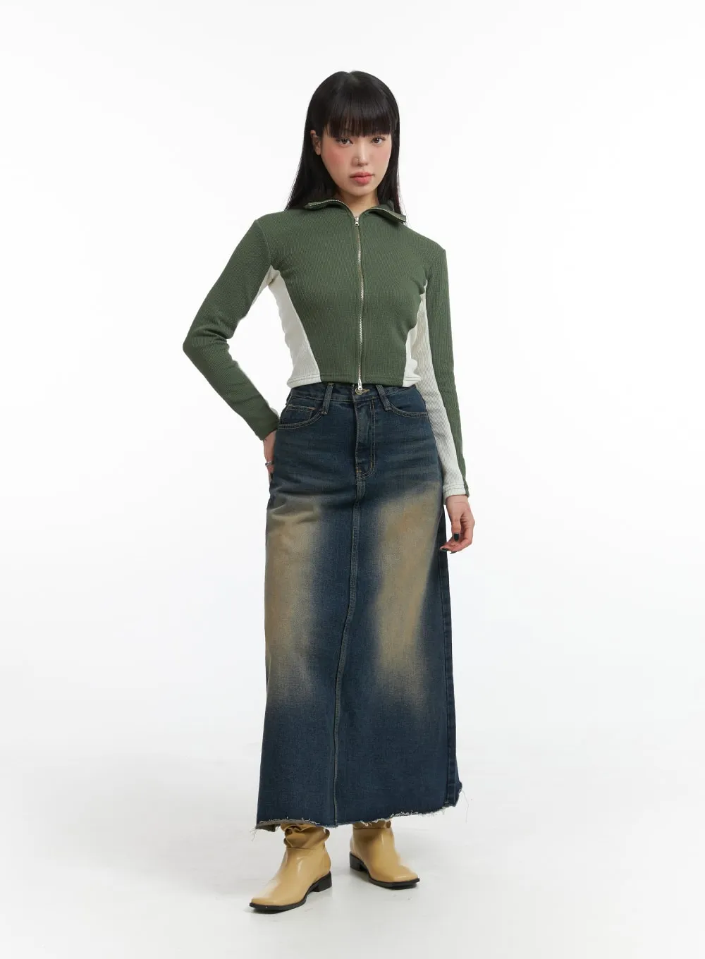 Grunge A-Line Denim Maxi Skirt IJ410