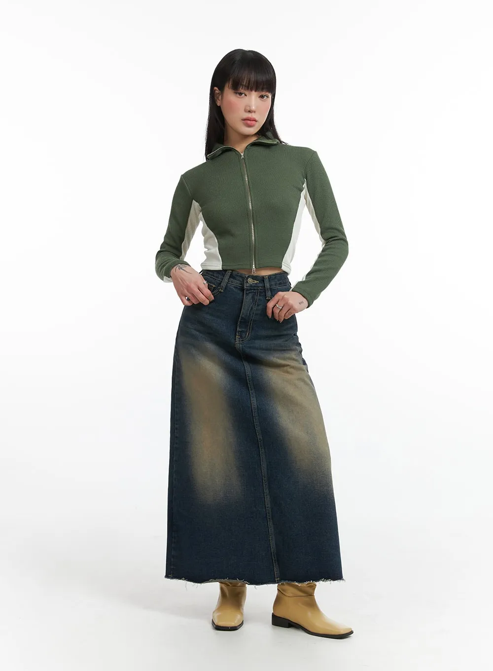 Grunge A-Line Denim Maxi Skirt IJ410