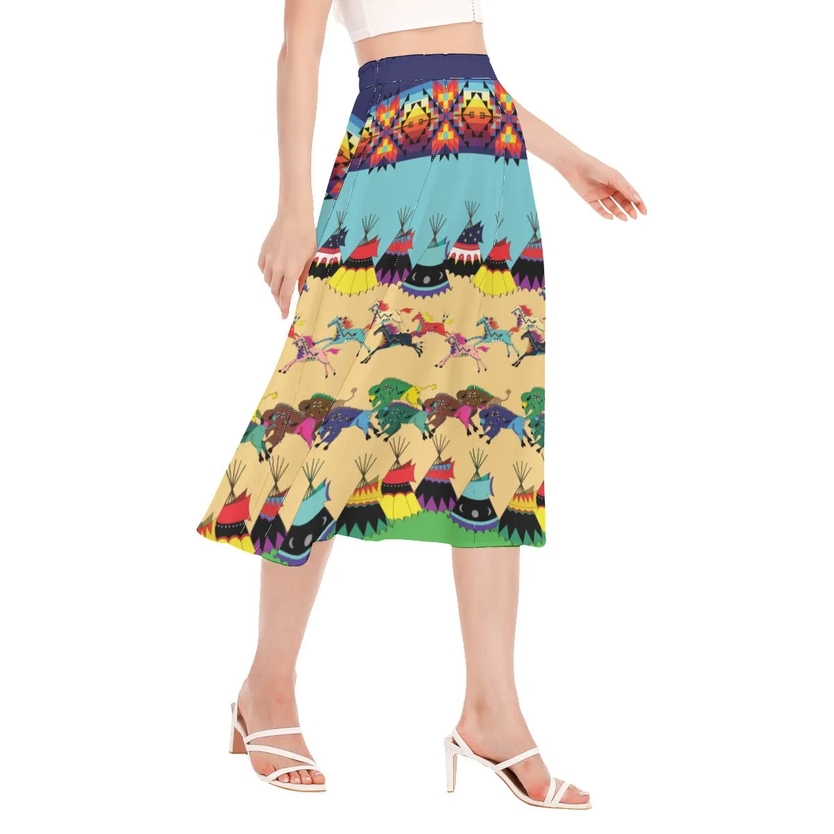 Horses and Buffalo Ledger Blue Women's Long Section Chiffon Skirt