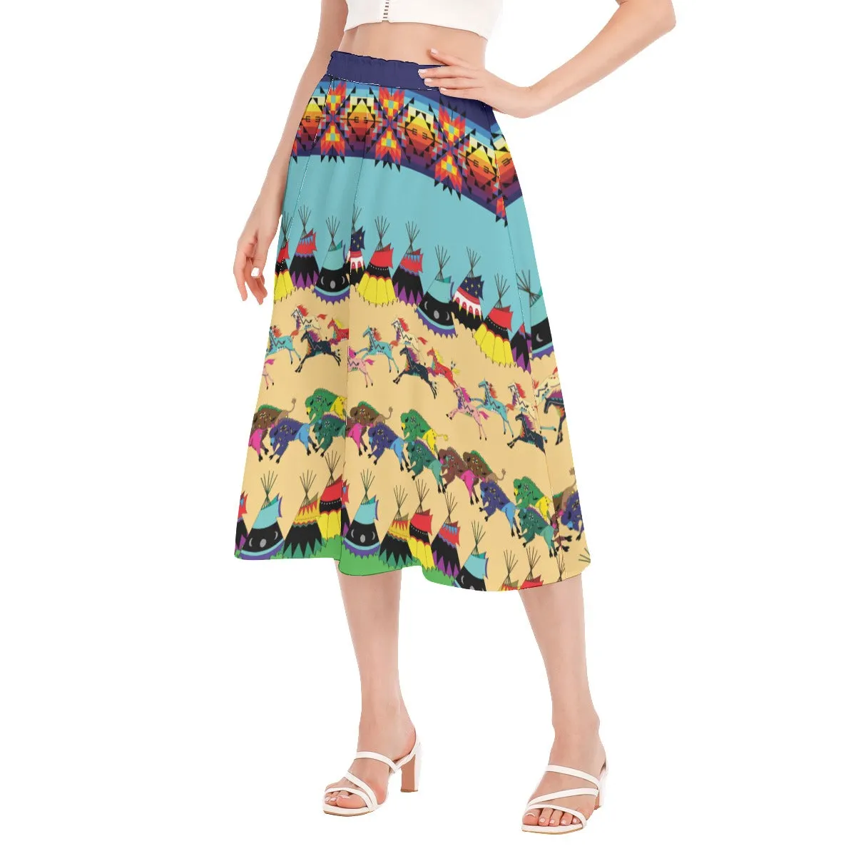 Horses and Buffalo Ledger Blue Women's Long Section Chiffon Skirt