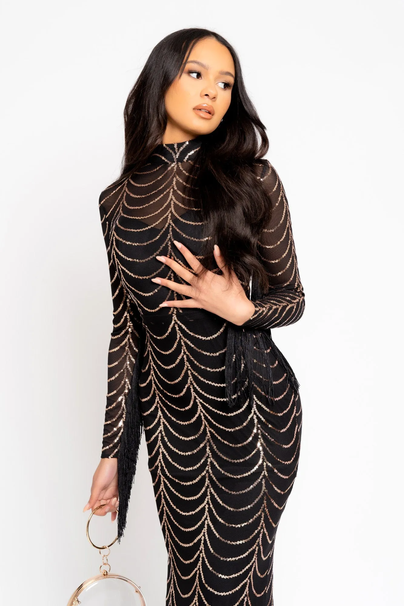 Hypnotic Black Rose Gold Luxe VIP Tassel Fringe Sequin Embellished Illusion Long Sleeve Maxi Dress