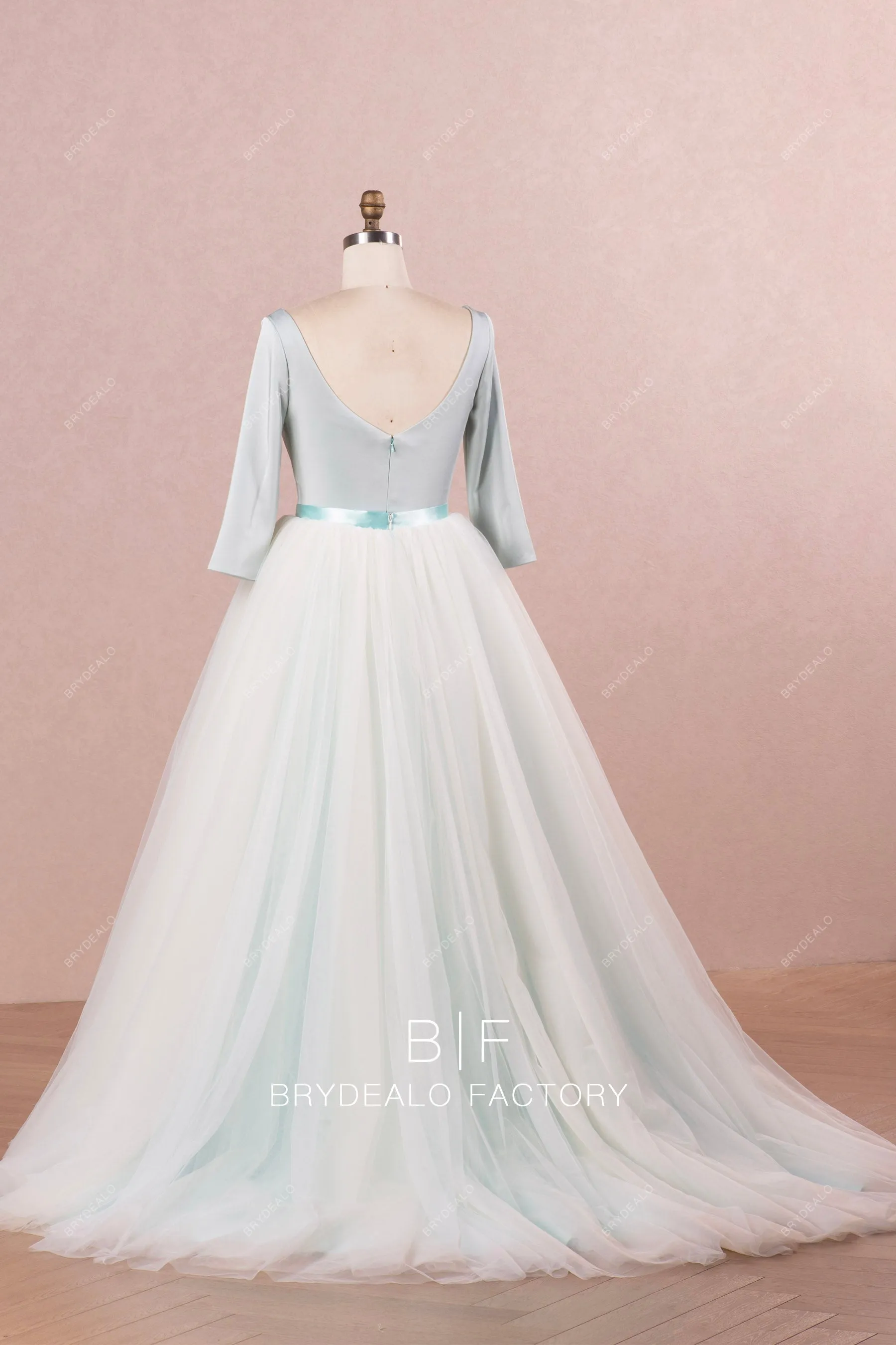 Ice Blue Satin 3/4 Sleeves Convertible Ball Gown Wedding Dress