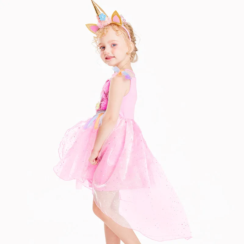 IKALI Girls Unicorn Dress With Headband Pink