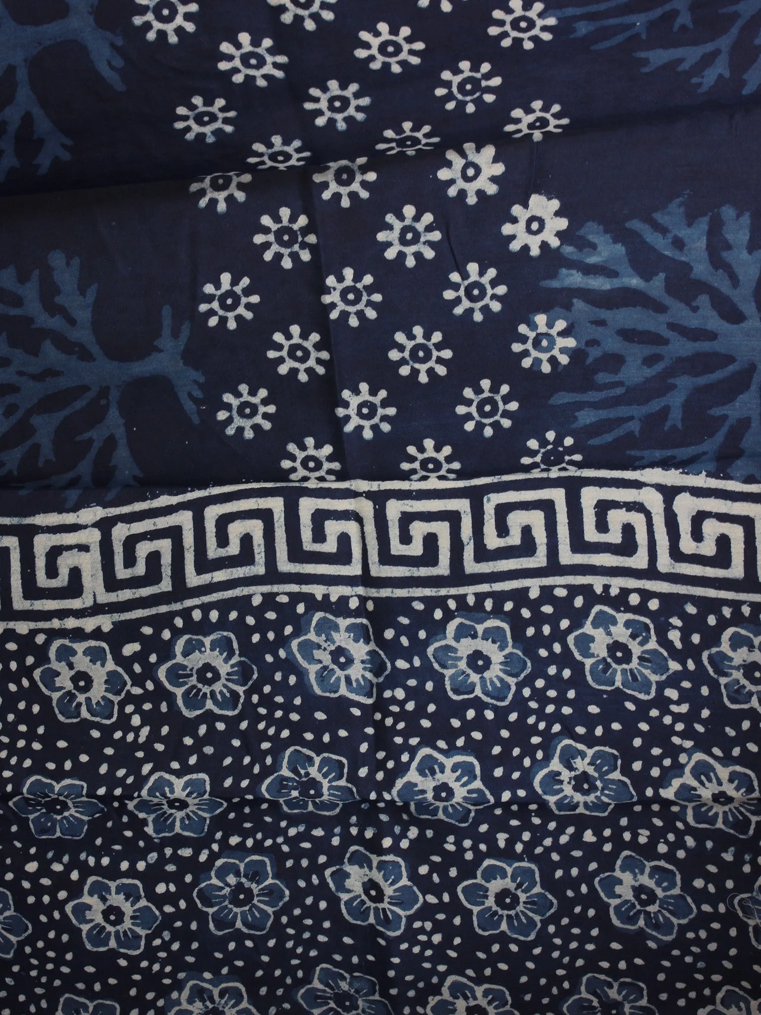 Indigo Ivory Hand Block Printed Chanderi Unstitched Kurta & Chanderi Dupatta With Cotton Salwar - S1628180