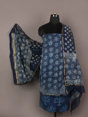 Indigo Ivory Hand Block Printed Chanderi Unstitched Kurta & Chanderi Dupatta With Cotton Salwar - S1628180