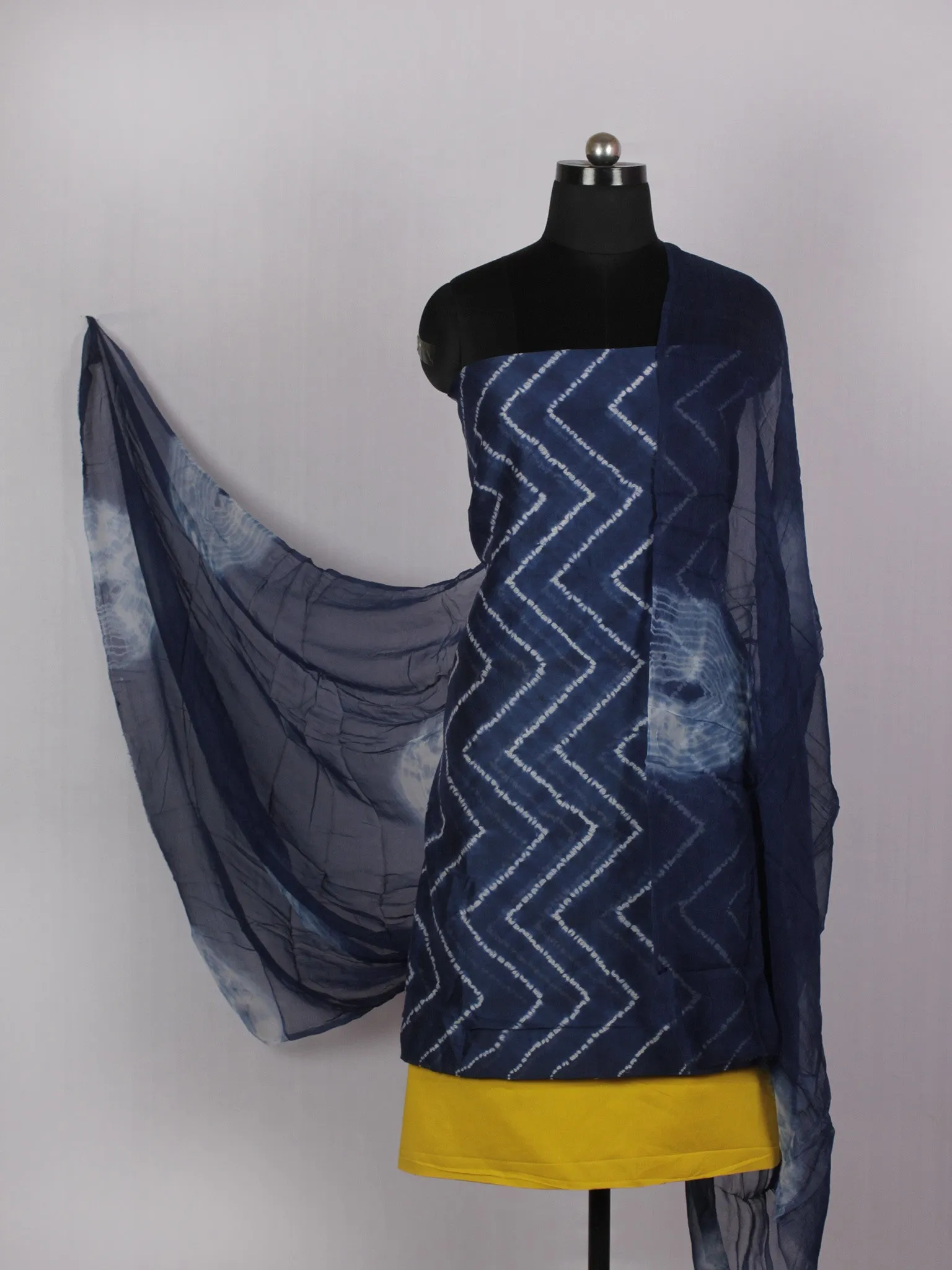 Indigo Ivory Yellow Hand Shibori Dyed Chanderi Kurta & Chiffon Dupatta With Cotton Salwar Fabric Set of 3- S1628217