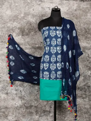 Indigo Teal Green White Hand Block Printed Cotton Suit-Salwar Fabric With Chiffon Dupatta (Set of 3) - SU01HB333