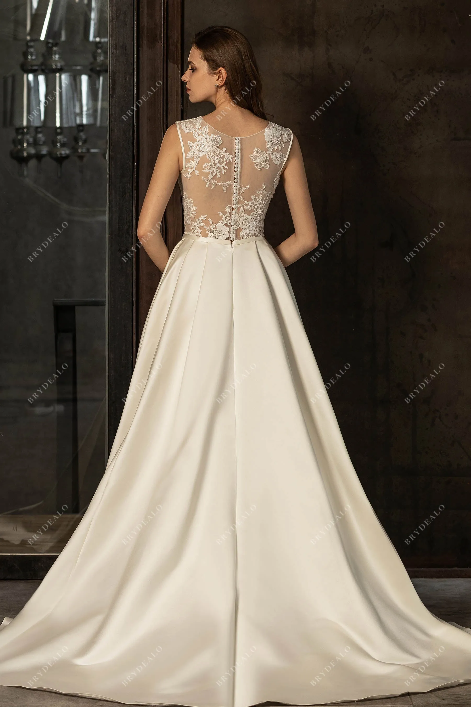 Ivory Classic Illusion Lace Back Satin A-line Wedding Dress