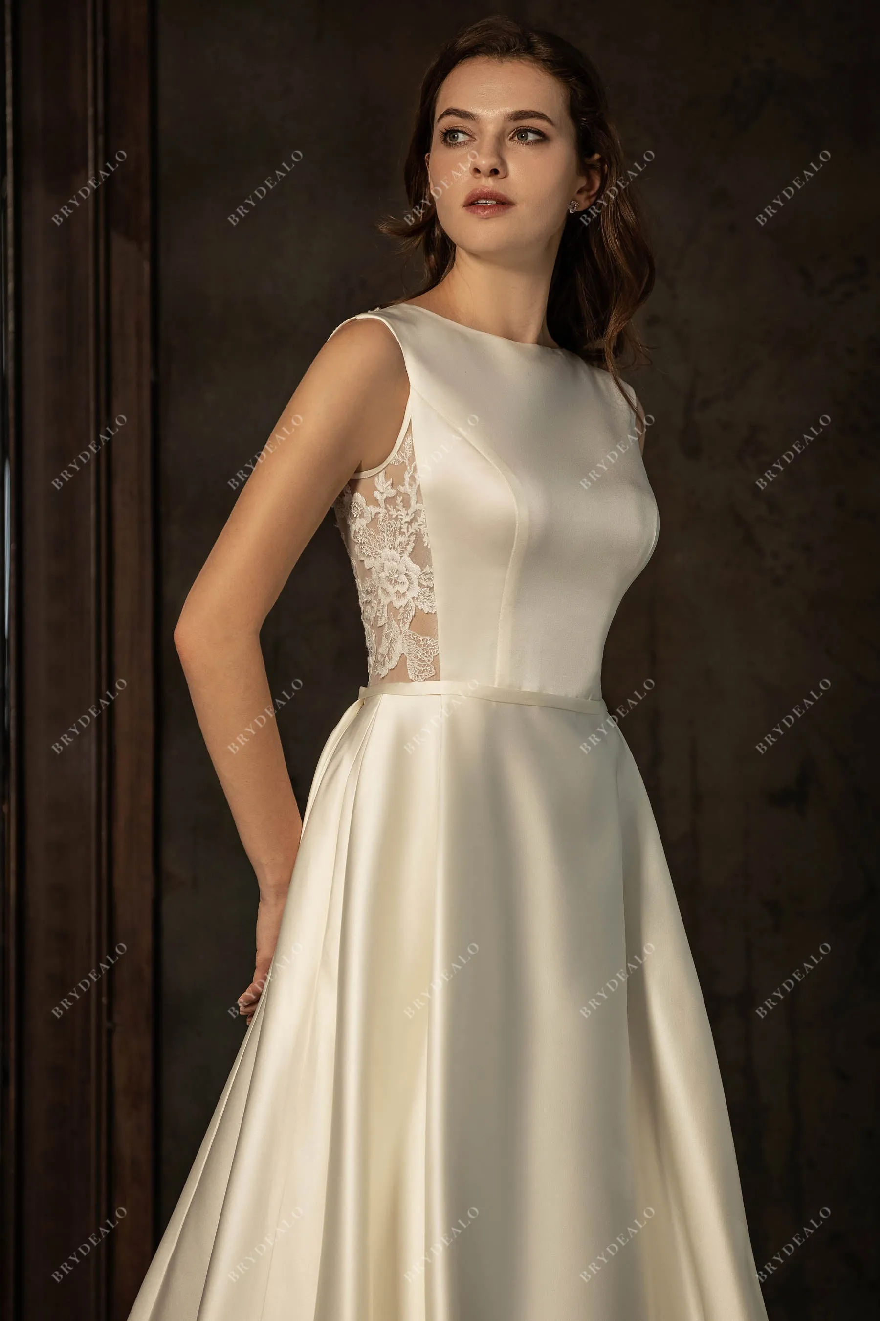 Ivory Classic Illusion Lace Back Satin A-line Wedding Dress