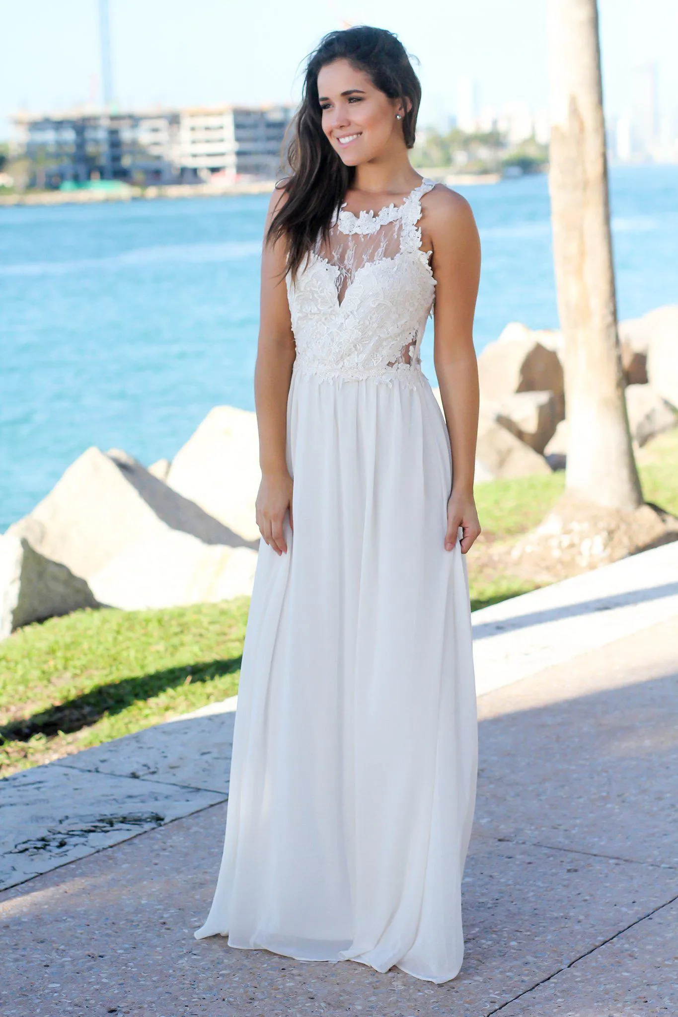 Ivory Maxi Dress with Lace Top