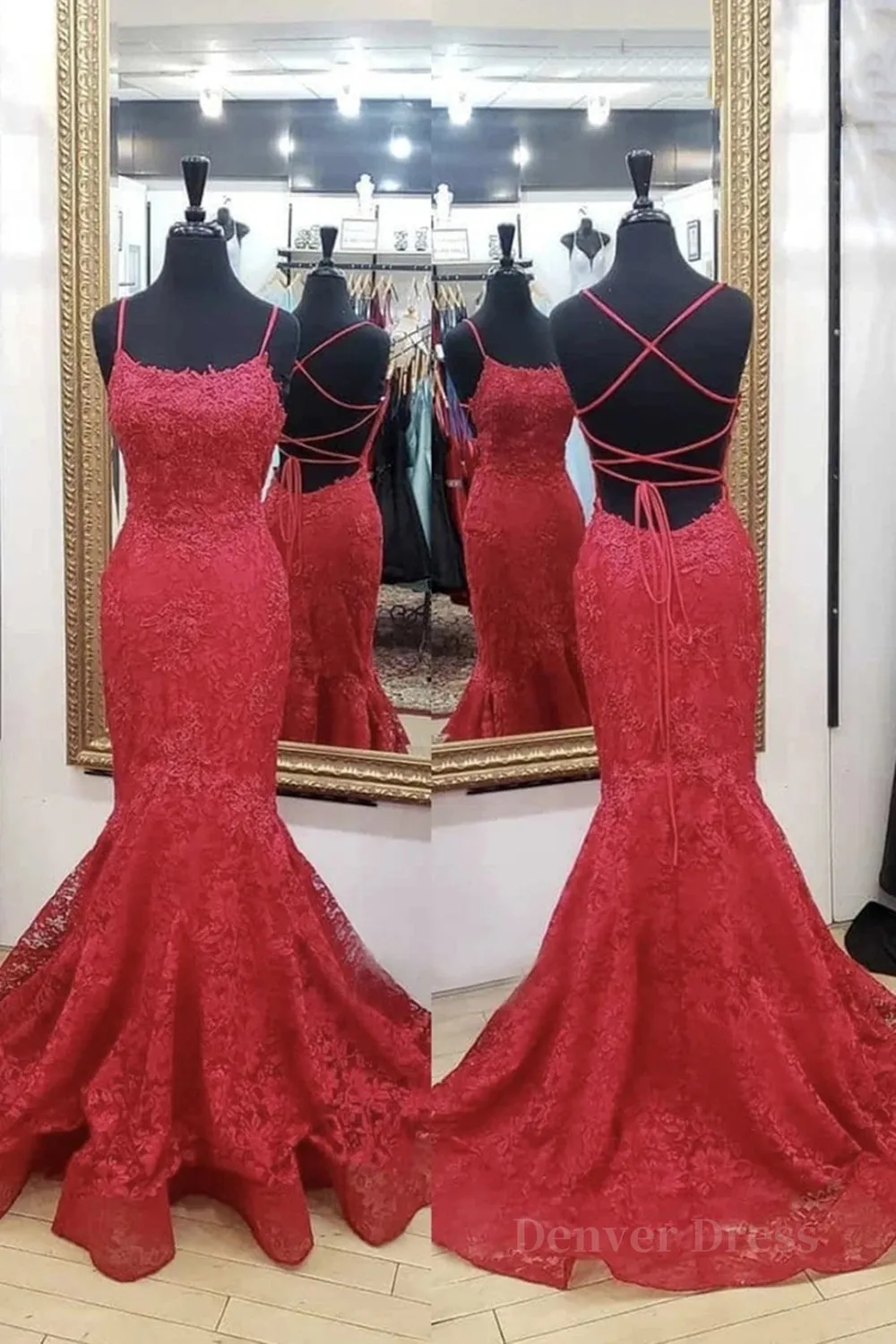 kamahe Backless Mermaid Red Lace Long Prom Dress, Mermaid Red Lace Formal Dress, Red Lace Evening Dress