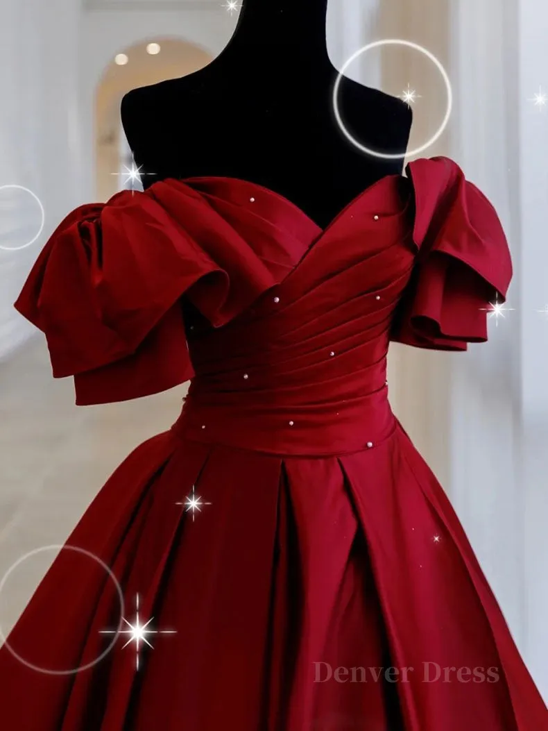 kamahe Burgundy off shoulder satin long prom dress, burgundy evening dress