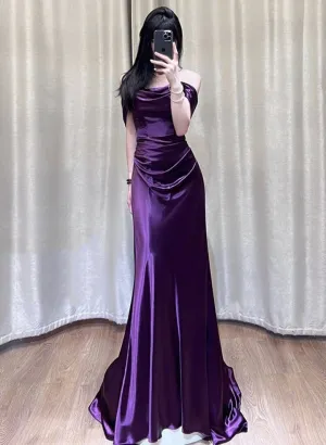 kamahe Purple Satin Off Shoulder Long Evening Dress, Purple Satin Prom Dress