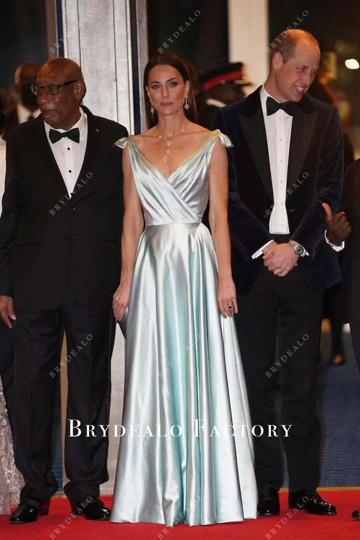 Kate Middleton Ice Blue Satin V-neck Dress Bahamas Reception 2022