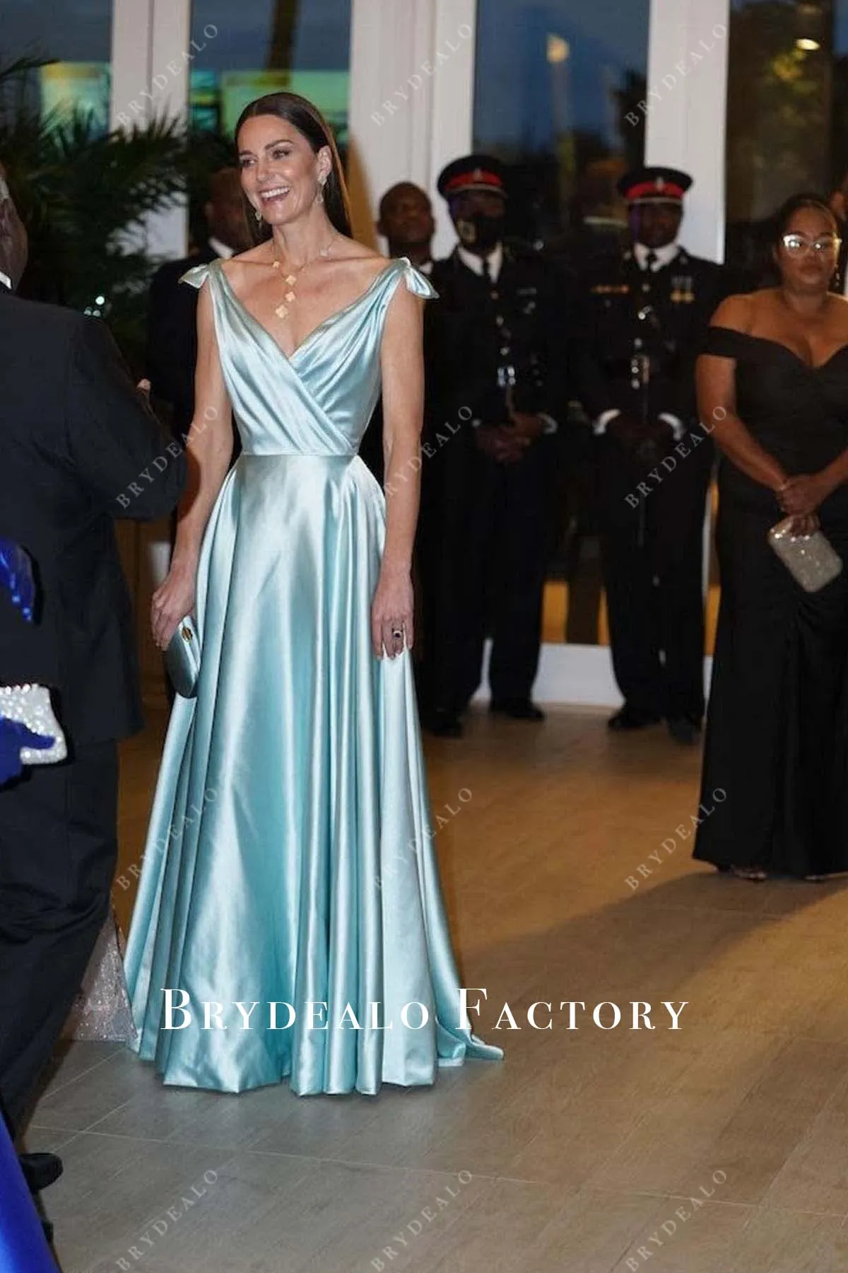 Kate Middleton Ice Blue Satin V-neck Dress Bahamas Reception 2022