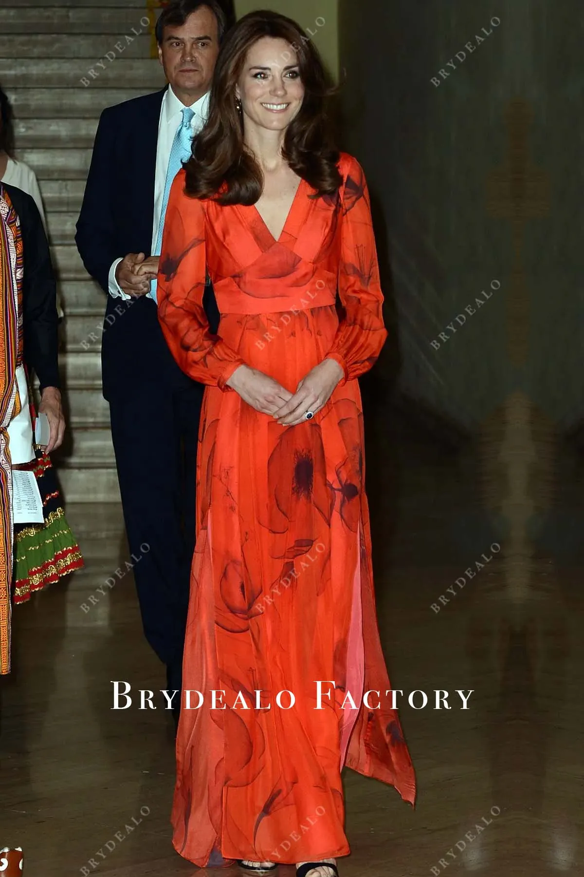 Kate Middleton V-neck Print Celebrity Reception Dress